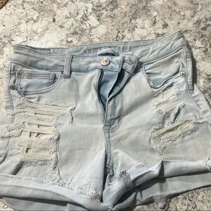 American Eagle Distressed Light Blue DenimShorts High Rise Shortie size 12